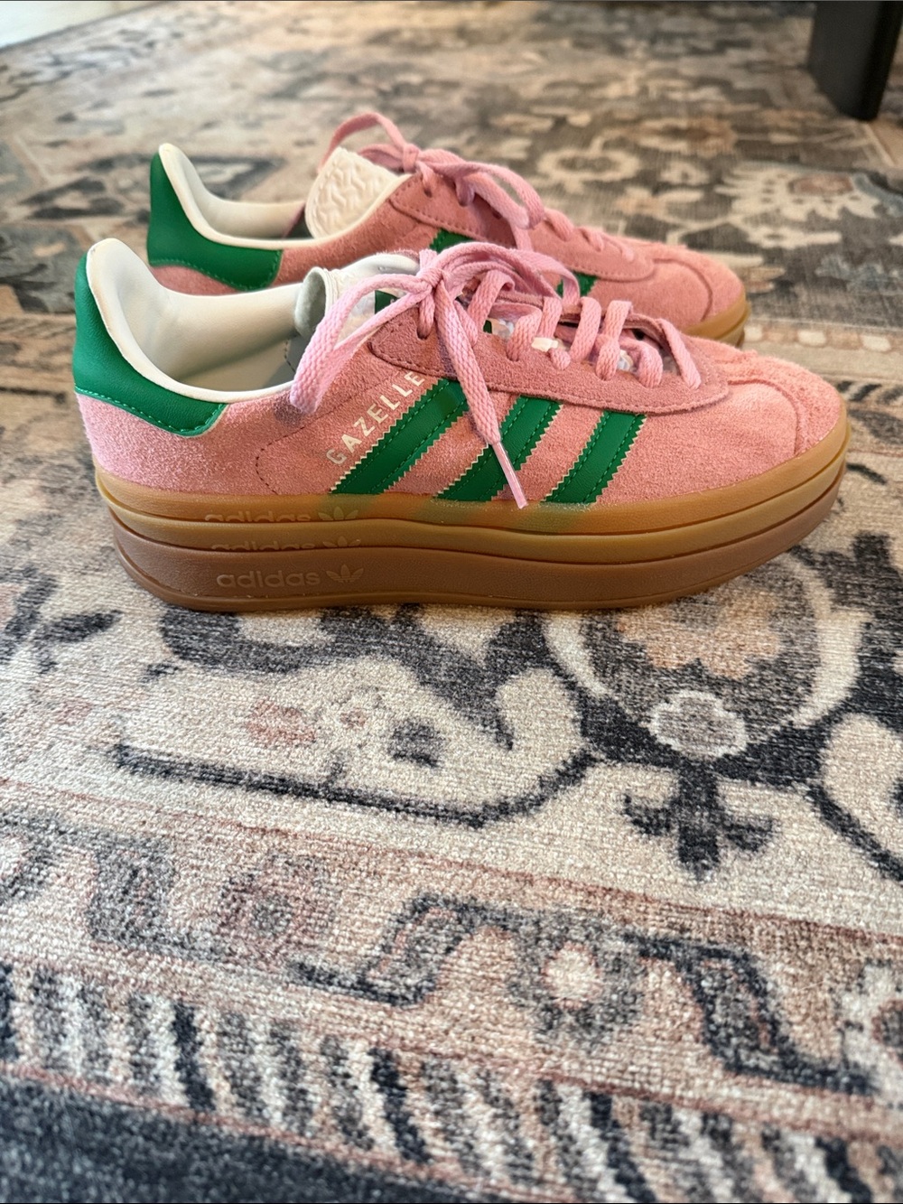 adidas Pink Suede Platform Sneakers with Green Stripes